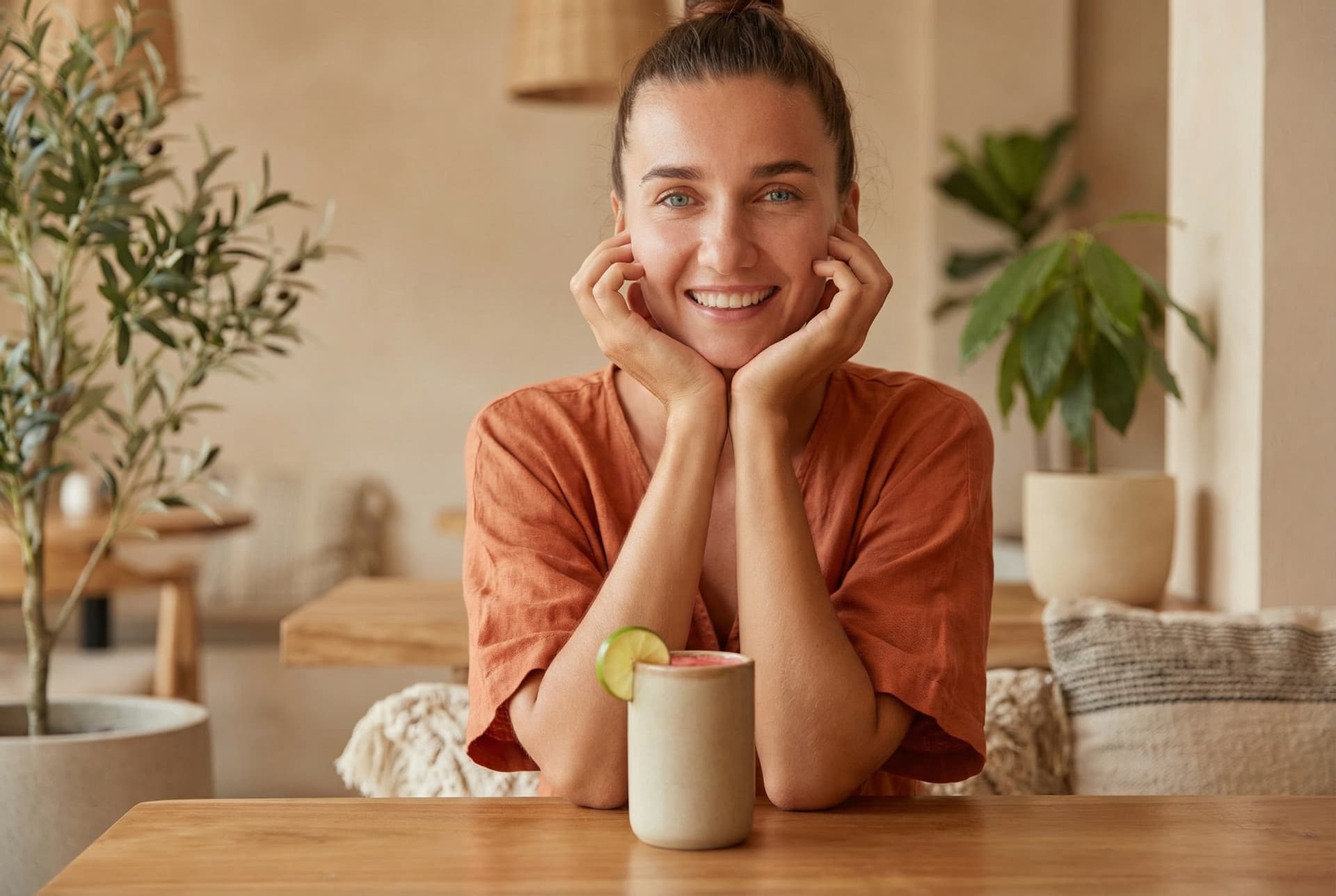 Shot of pleasant looking teenager has crisp hair, smiles broadly, shows white perfect teeth, keeps both hands under chin, spends leisure time in terrace cafe, eats exotic dish and drinks cocktail