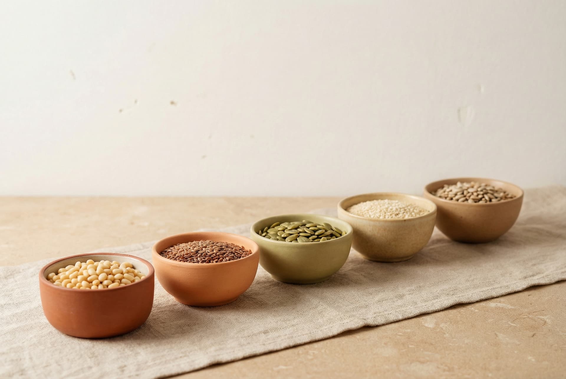 Different seeds in bowls with copy space