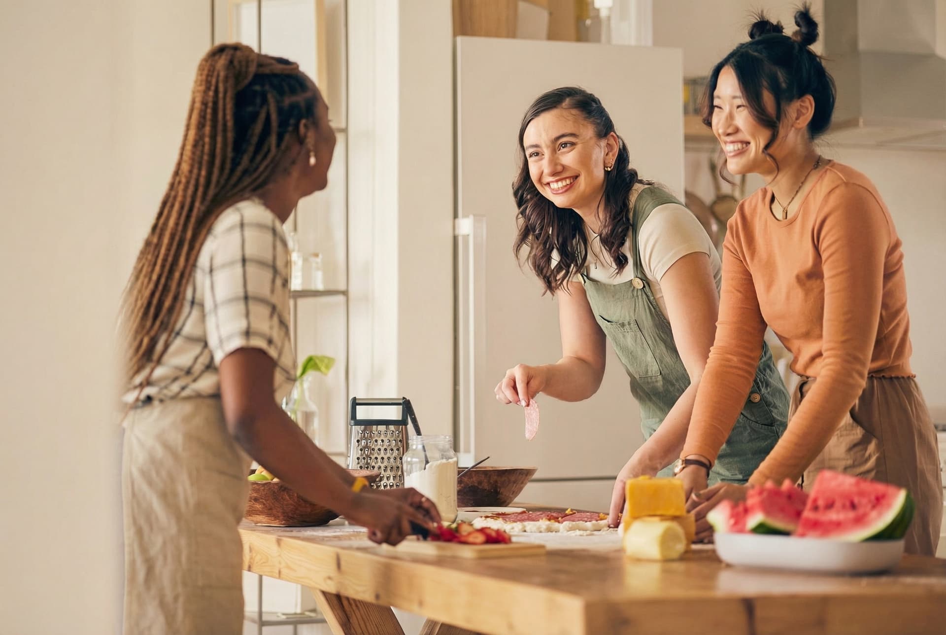 Two girl friends eating watermelon and rambutan tropical fruits in kitchen