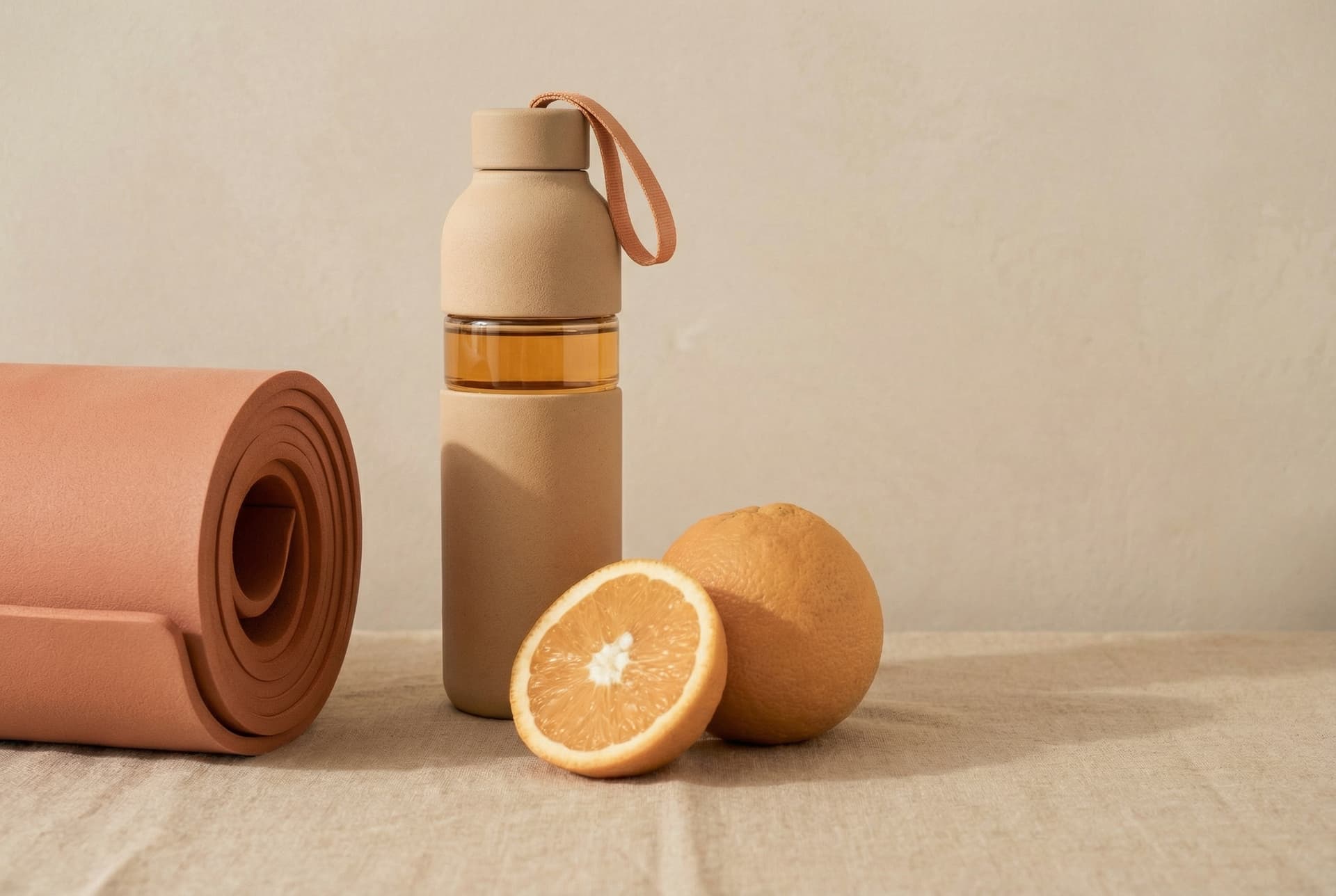 Some lemon with bottle of lemon juice, white cloth in a basket on wooden surface, top view. space for text