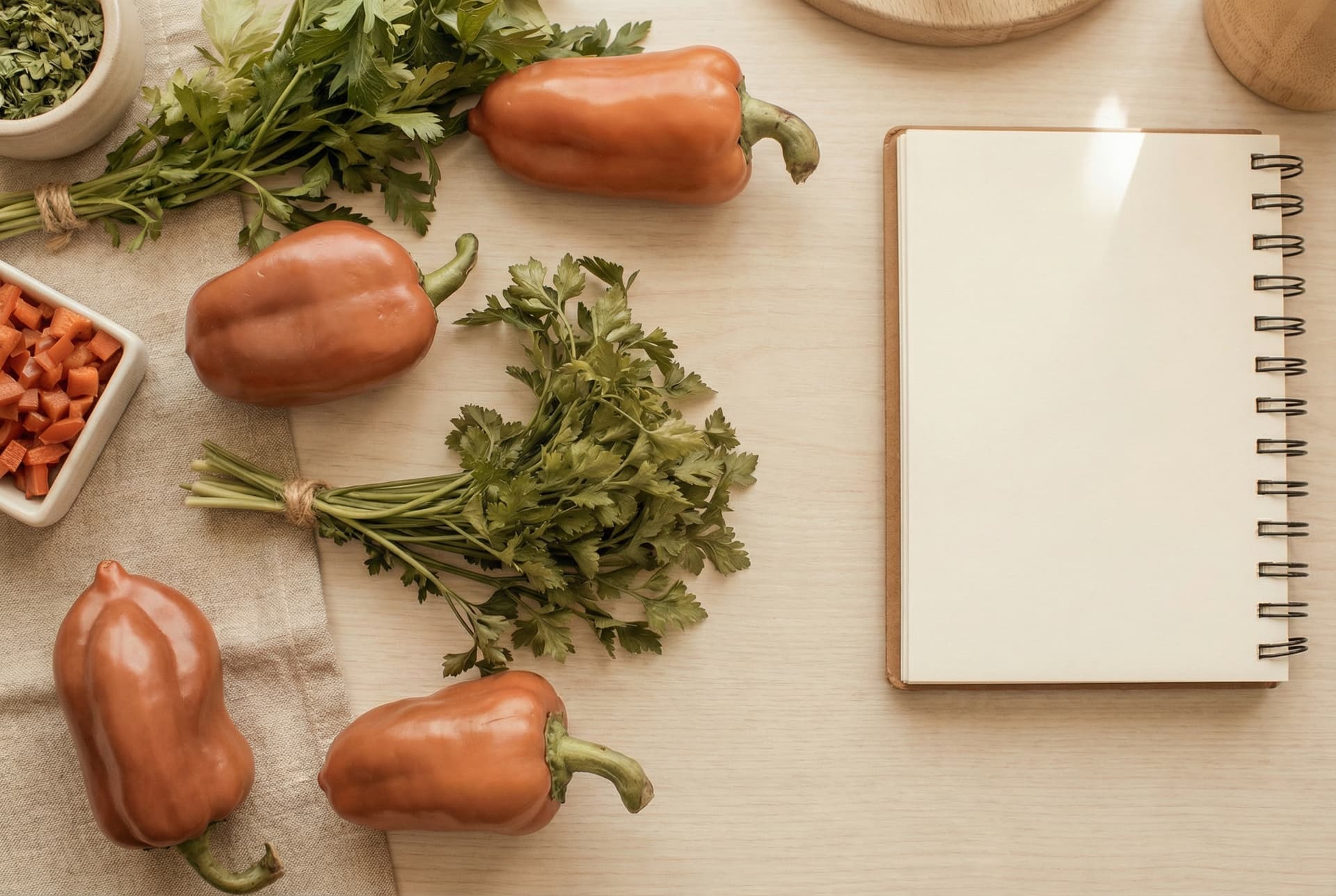 White paper on clipboard near the bell peppers; broccoli; mushroom; bokchoy and lemon on wooden desk