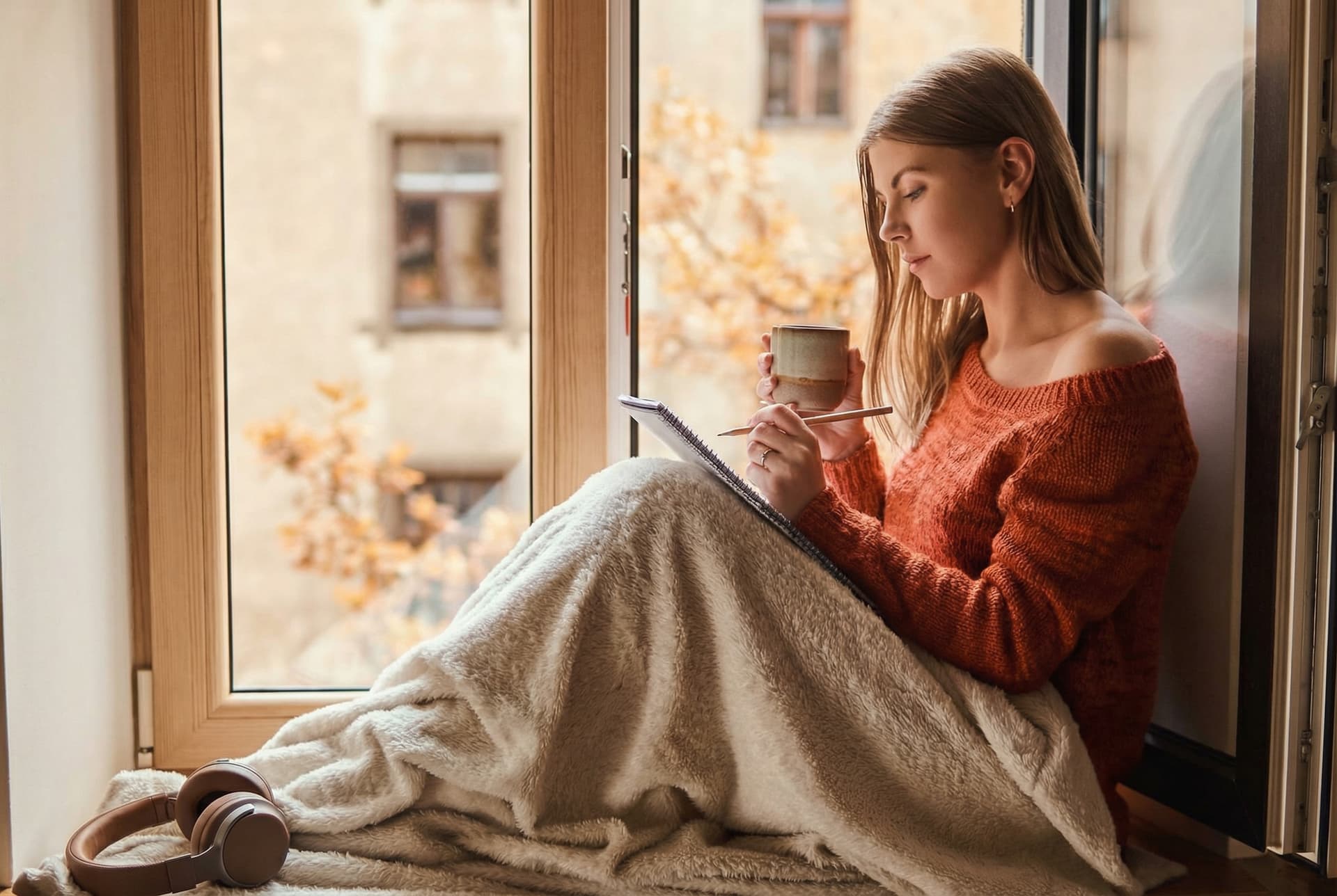 finland lapland young woman sitting at the window at a lake writing into diary